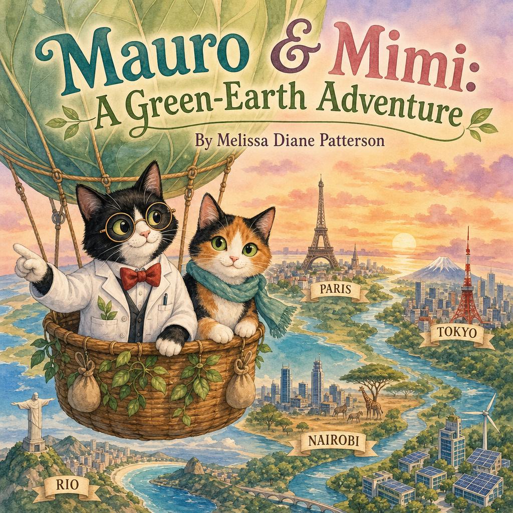 Mauro & Mimi: A Green-Earth Adventure — cover featuring Mauro (a clever tuxedo cat from Munich, Germany, with a tiny white lab coat, red bow tie, and round wire spectacles — he speaks warm, friendly German) and Mimi (a beautiful American calico cat with orange, black, and white patches, bright green eyes, and a soft teal scarf). Together they are environmental chemists working to clean up cities across the world.