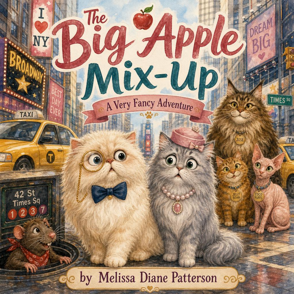 The Big Apple Mix-Up: A Very Fancy Adventure — cover featuring Baron Biscuit (fluffy cream Persian cat with a navy bow tie and a tiny gold monocle) and Duchess Pearl (elegant silver-grey longhair cat with a pink pearl collar and a little pillbox hat) — two very wealthy cats from Bellevue, Washington. Plus Willy Earl (a friendly city rat with a red bandana and a newsboy cap) and three sweet stray cats: Jose (a huge fluffy brown Maine Coon), Jelly Bean (a striped orange tabby), and Coco Puffs (a pink wrinkly sphinx).