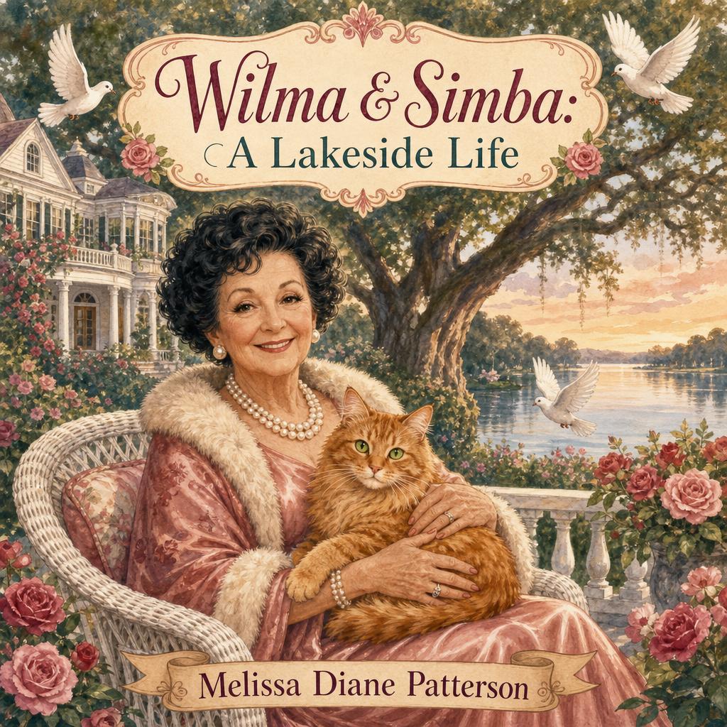 Wilma & Simba: A Lakeside Life — cover featuring Wilma (a wonderful, wealthy elderly woman with short curly black hair, pearl jewelry, and luxurious silk gowns) and Simba (her beloved fluffy ginger tabby cat with bright green eyes). Home: a grand lakeside mansion with a huge oak tree, a rose garden, and gentle white doves.