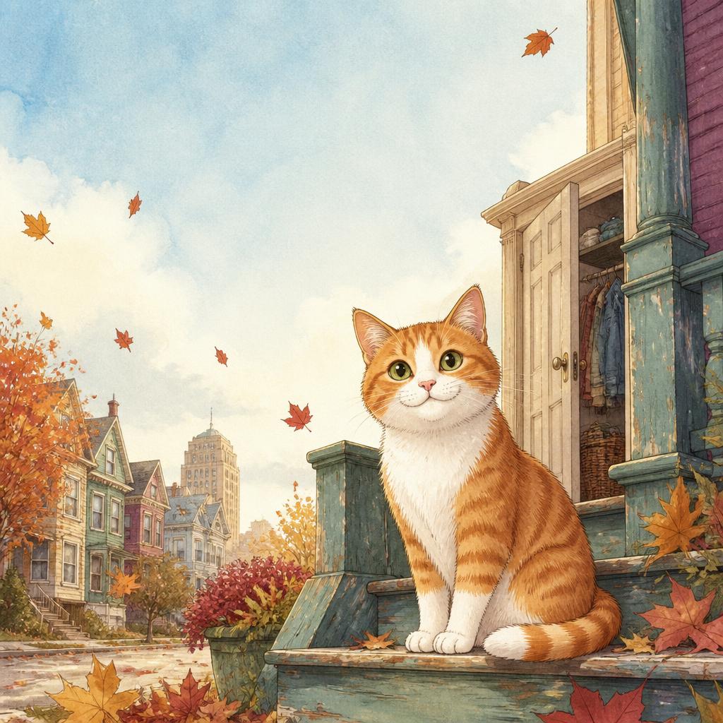 God's Good Gift! — cover featuring Buddy (a bright ginger-and-white cat with orange tabby patches, a snowy white chest, white muzzle, four white paws, and round green eyes), Ellie (a seven-year-old girl with two braids), Sam (her five-year-old brother), Mama, Daddy, and Miss Ada the kind neighbor.