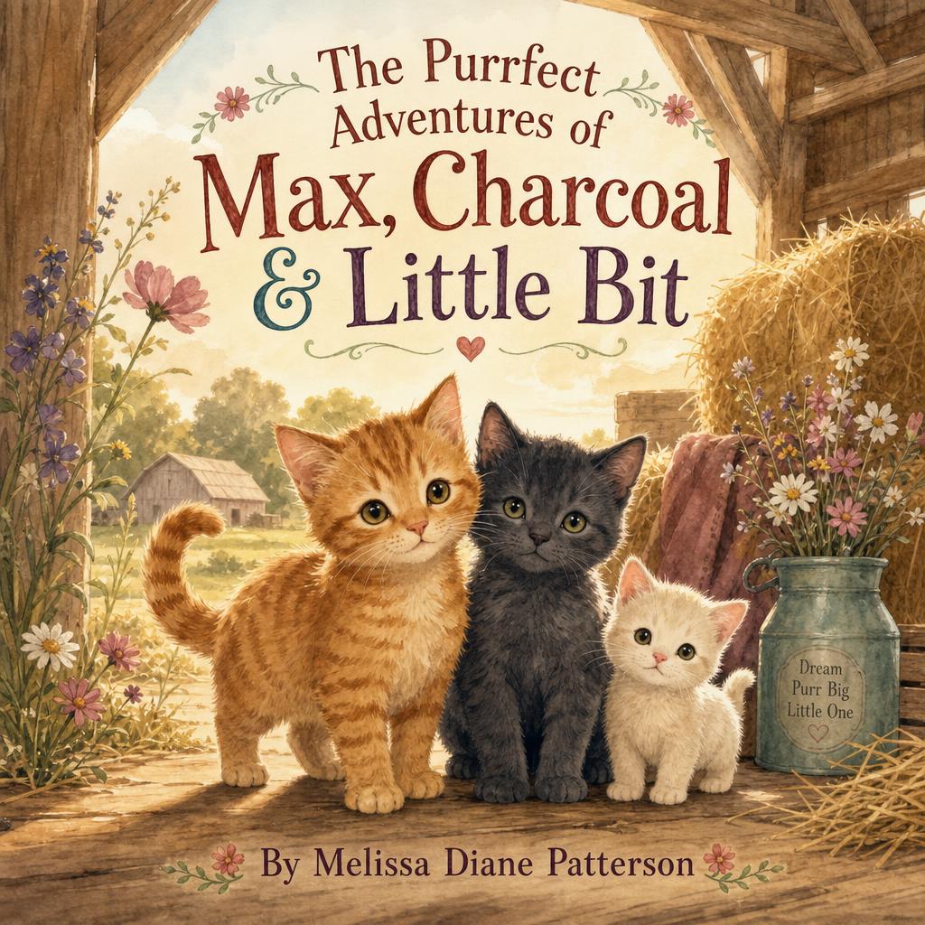 The Purrfect Adventures of Max, Charcoal & Little Bit — cover featuring Max (orange tabby kitten), Charcoal (dark grey kitten), and Little Bit (tiny cream kitten with pink nose).